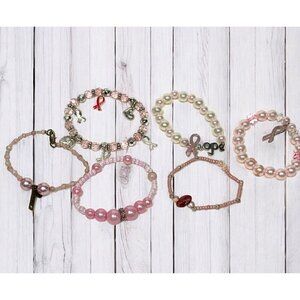 Breast Cancer Awareness Bracelet Bundle Pink Gold Silver Beaded Stretch OS